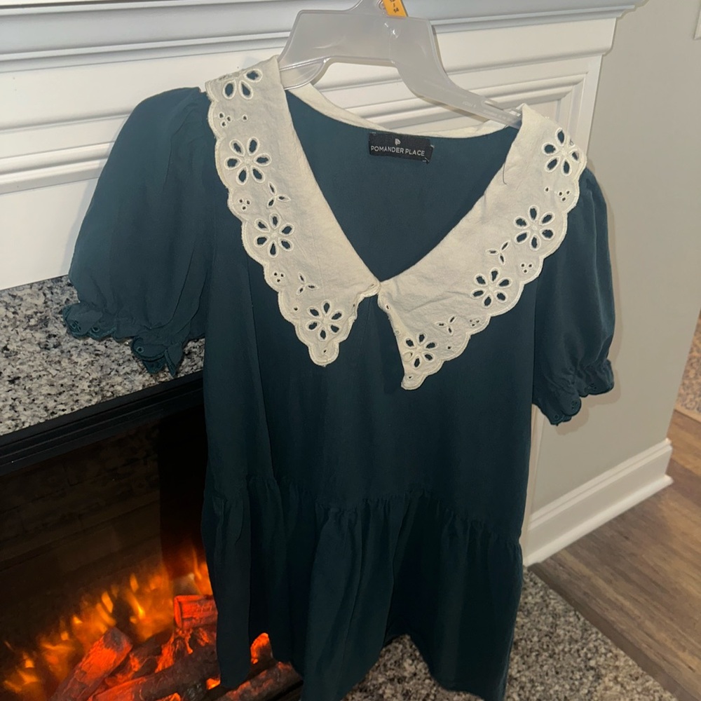 Pomander Place Dark Green Blouse with Cream Eyelet Collar